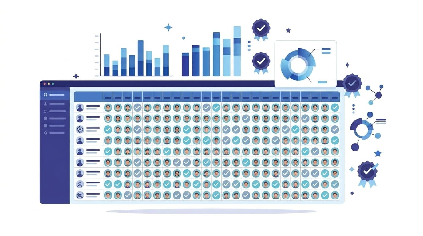 Attendance tracking calendar with monthly view and low-attendance flags